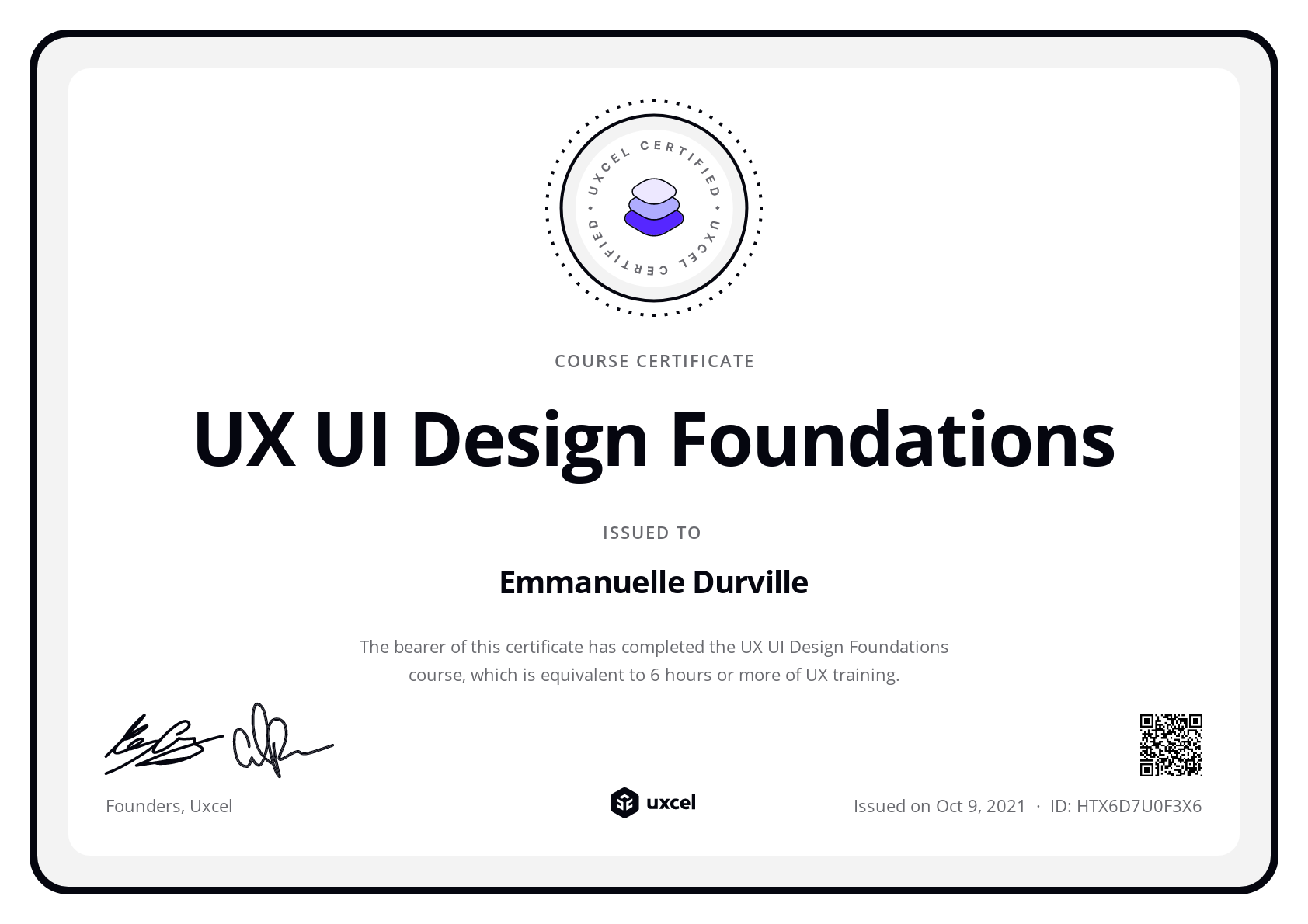 Emmanuelle Durville's certificate